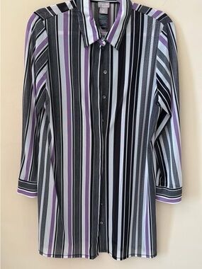 Chico's Vertical Stripe Long-Sleeve Dress in Purple, Black & White